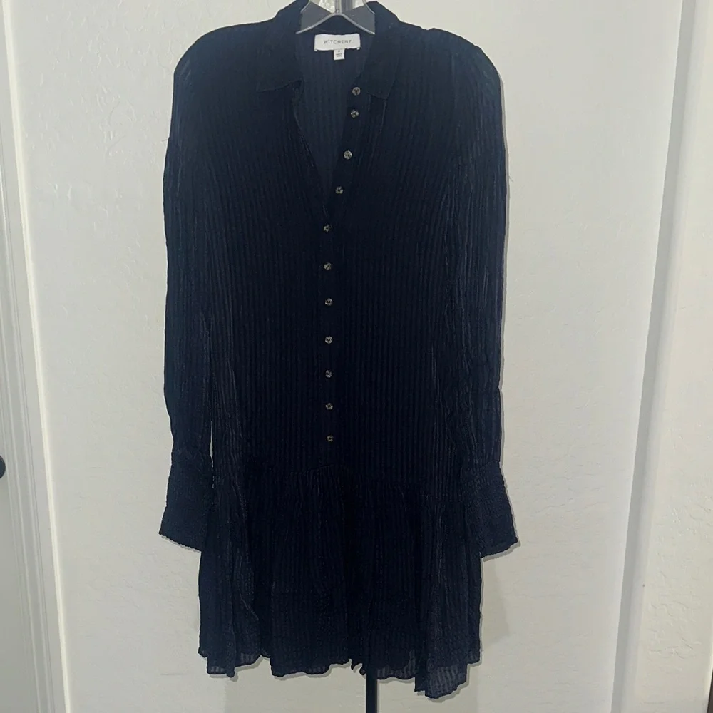 WITCHERY Stripe Pintuck Dress Navy Drop Shoulder, Waist Dress Button Front Sz 8 - Picture 5 of 15
